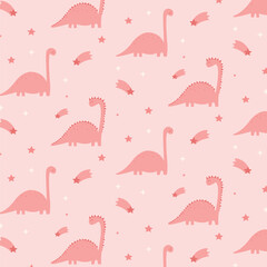 Obraz premium Pattern cute pink dinosaurs, Cartoon seamless pattern with dinosaurs with stars.