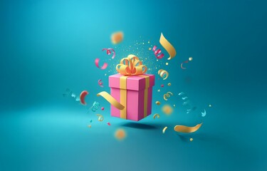A pink present with a yellow bow is floating in the air, surrounded by confetti and ribbons.