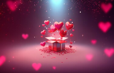 An open red box on a pink background with red heart shapes bursting out and confetti floating around.