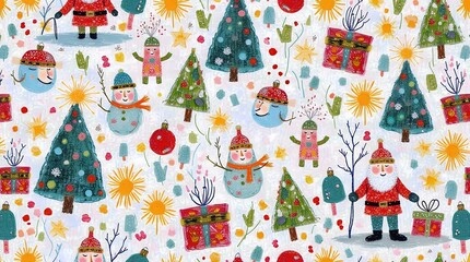 Christmas decorative banner with Santa Claus, Christmas trees, snowman, reindeers, bells, stockings, ornaments, snowflakes, snowy village, gifts,