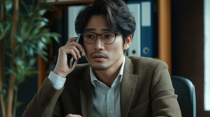 Young businessman sitting at desk in his office and leading conversation via mobile phone with clients and partners. Concept of new business, startup, achievement, progress