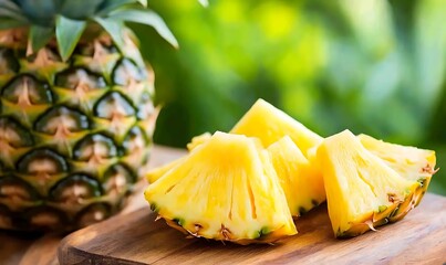 Fresh pineapple slices on a wooden board, Generative AI