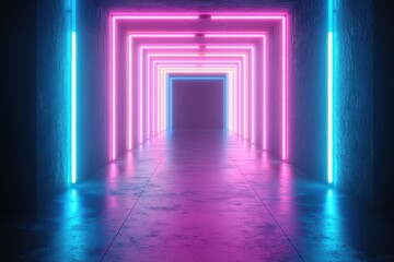 A vibrant, illuminated corridor featuring neon lights in pink and blue, creating a futuristic and immersive atmosphere.