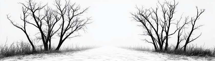 Obraz premium Bare trees on a white isolated background, creating a serene and minimalistic scene.