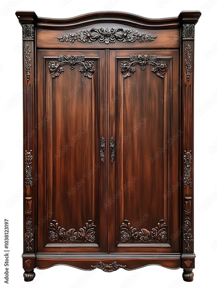 Canvas Prints Vintage wardrobe, antique furniture, ornate carvings, dark mahogany wood, isolated on white background 