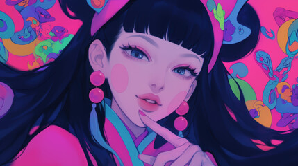 Naklejka premium vibrant anime character with long black hair and colorful accessories, playfully pointing at camera. background features mix of bright colors and whimsical shapes, creating lively atmosphere
