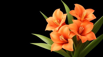 Fototapeta premium Beautiful orange lilies with green leaves, elegant and vibrant on black background.