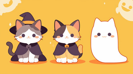 Fototapeta premium Cute cartoon illustration of three cats dressed in costumes, featuring witch cat, calico cat, and ghost cat. vibrant colors and playful design evoke fun, festive atmosphere
