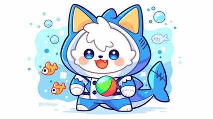 Obraz premium Cute cat in shark costume, surrounded by colorful fish and bubbles, brings joy and playfulness to any setting. This adorable illustration captures whimsical underwater theme