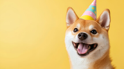 Happy smiling Shiba Inu dog wearing colorful birthday hat against bright yellow background, radiating joy and celebration