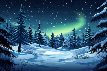A serene winter landscape featuring snow-covered trees and a glowing aurora in the night sky.