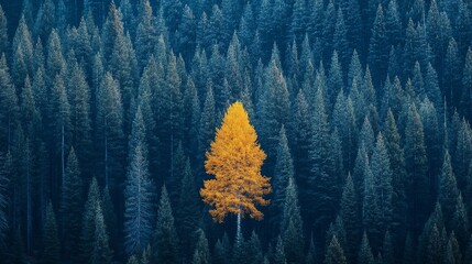 A single golden larch tree stands out against a backdrop of dark evergreen trees in a forest.