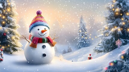Fototapeta premium A Cheerful Snowman Standing in a Snowy Winter Wonderland