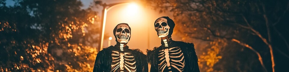 Two people in skeleton costumes posing under street light