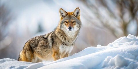 Obraz premium A solitary coyote, Canis latrans, traverses winter snow in Canada, embodying nature's resilience. A high depth of field captures the beauty of its hunt.
