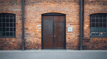 Brick wall with asymmetrical metal doors, the entrance to a transformer area, evoking an industrial and urban style