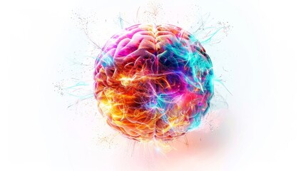 a surrealistic portrayal of the human brain as a glowing orb of energy, with vibrant sparks of creativity and insight radiating from its core