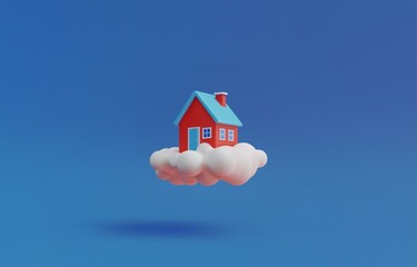 Naklejka premium A small red house with a blue roof floats on a white cloud against a blue background.
