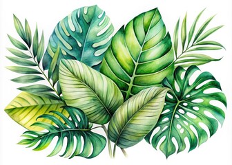 Fototapeta premium A stunning watercolor tropical leaves design on a white background, perfect for elegant wedding invitations, greeting cards, and customized stationery for any event.