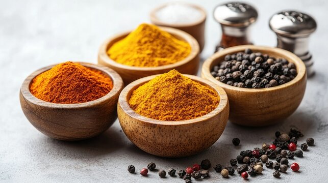 Bright spices like turmeric, paprika, and cumin arranged in round wooden bowls, with a vintage salt shaker and whole black peppercorns in view.