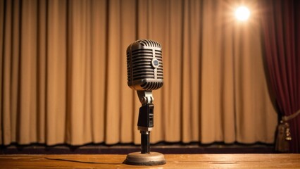 Vintage-style microphone on a wooden stage, warm golden lighting, old-fashioned theater curtains in the background