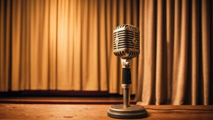 Vintage-style microphone on a wooden stage, warm golden lighting, old-fashioned theater curtains in the background