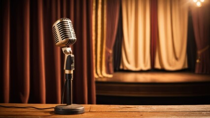 Vintage-style microphone on a wooden stage, warm golden lighting, old-fashioned theater curtains in the background