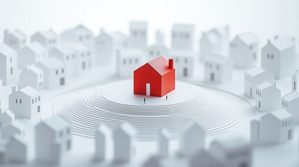 Fototapeta premium A single red house stands prominently in a crowd of white paper homes, evoking themes of uniqueness and standout property choices. 
