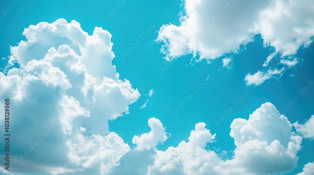 Poster Clear blue sky with fluffy white clouds in the background, creating a serene and calming atmosphere