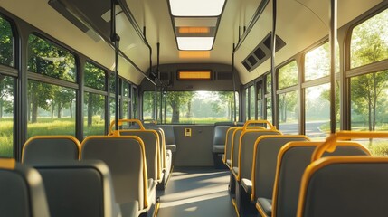Fototapeta premium Clean, modern school bus interior with well-organized seats, large windows, and soft lighting for a bright and welcoming atmosphere.