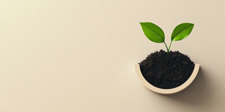 Fototapeta A small green plant grows in a simple pot filled with dark soil. The image captures the essence of nature and growth. Ideal for sustainability themes or gardening projects. AI