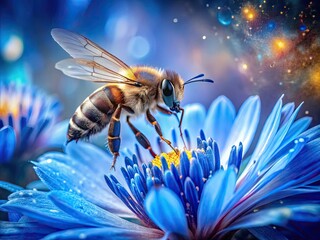 Fototapeta premium Breathtaking double exposure blending a honeybee with a blue flower, showcasing nature's beauty and the vital connection between pollination and floraâ€”ideal for eco-conscious admirers.