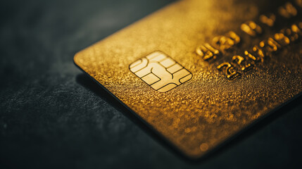 Golden credit card with chip close-up, luxury banking concept