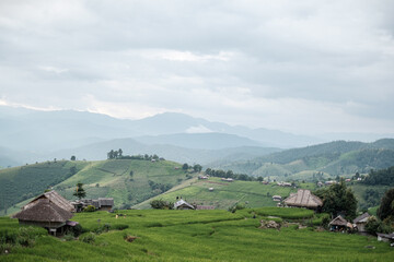 rice fields on a mountain and take photo in the Ban Pa Bong Piang, Mae Chaem District, Chiang Mai Province, northern Thailand in the rainy season.