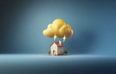 A small house with a yellow door sits below a large yellow rain cloud with lightning bolts.