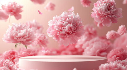 Fototapeta premium 3D podium with pink peonies floating around, pink background, product presentation design, beauty industry concept, soft lighting, high-resolution photography.