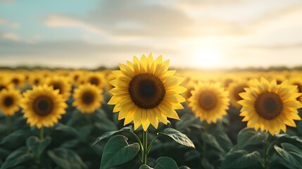 Obraz premium Vibrant Field of Blooming Sunflowers Basking in the Warm Sunshine