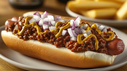detroit coney dog with chili, onions, and mustard