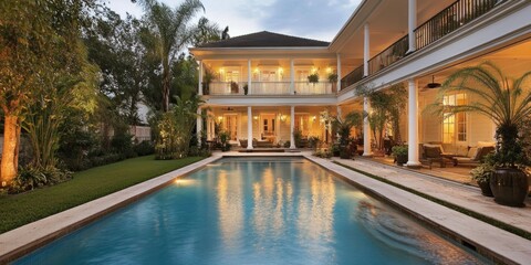Obraz premium Stunning backyard pool area with a modern design. A luxurious house stands tall with cozy lighting. Perfect for relaxing or entertaining guests. An ideal getaway in a residential setting. AI