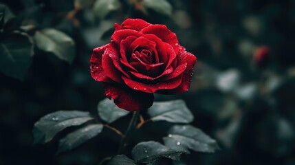 Close-up of a vibrant red rose in full bloom with soft lighting and green leaves.