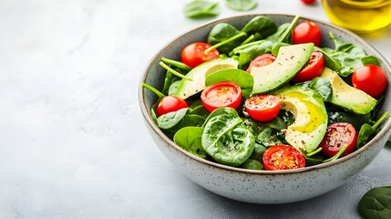 Freshly Harvested Spinach Salad with Creamy Avocado in Ceramic Bowl