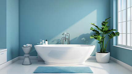 A modern bathroom featuring a freestanding white bathtub, a blue wall, a green plant, and a white rug.