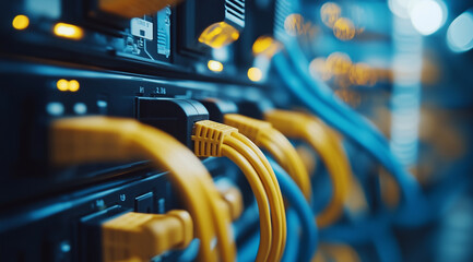 Naklejka premium Close-up of yellow and blue cables connected to network devices in a data center, with a blurred background and ample copy space. The concept suggests the interconnectivity and com