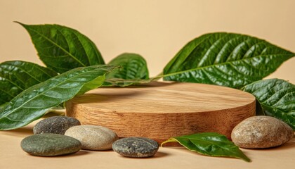 A serene arrangement featuring smooth stones, lush green leaves, and a wooden platform, ideal for natural-themed presentations or decor.