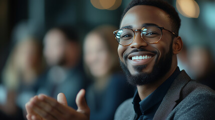 Smiling businessman clapping with colleagues at business meeting, showing team support and success in office conference room stock photo contest winner, high resolution photography