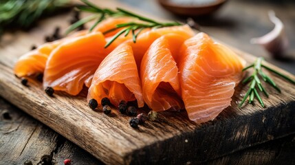 Close-up of rich, pink smoked salmon slices on a rustic wooden board, emphasizing their texture and quality