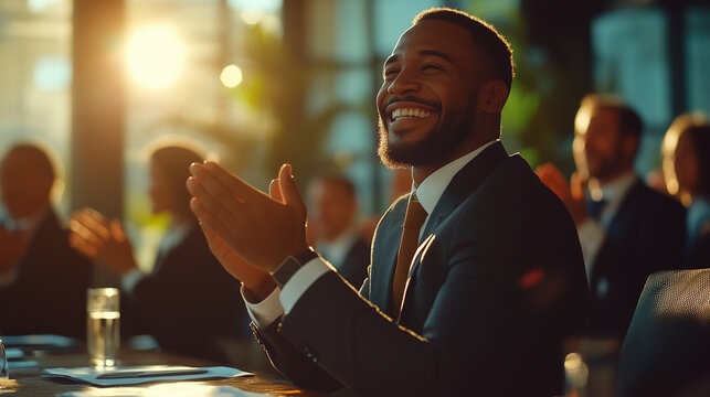 Portrait of happy businessman clapping hands and smiling during meeting in conference room, group business people standing at table cheering for success with leader sitting on chai