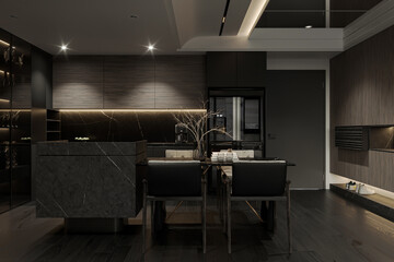 Exclusive modern interior design with black touches, and technology in a modern apartment.