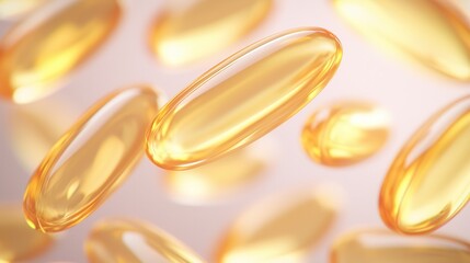 Golden gelatin capsules scattered, showcasing omega-3 or vitamin supplements, highlighting health and wellness benefits.