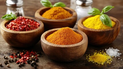 Colorful spices like red chili flakes, yellow curry, and green basil, displayed in wooden bowls on a textured surface, with salt and pepper shakers in view.
